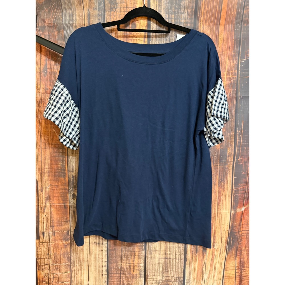 LOFT Navy Blue Knit Top Gingham Ruffle Short Sleeve Crew Neck 34918937 L